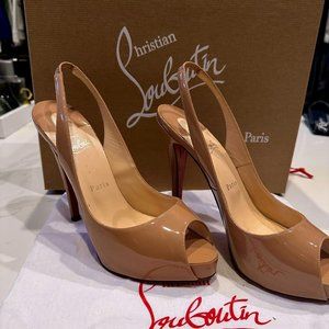 Christian Louboutin Nude Patent Leather Slingback Peep Toe 39.5